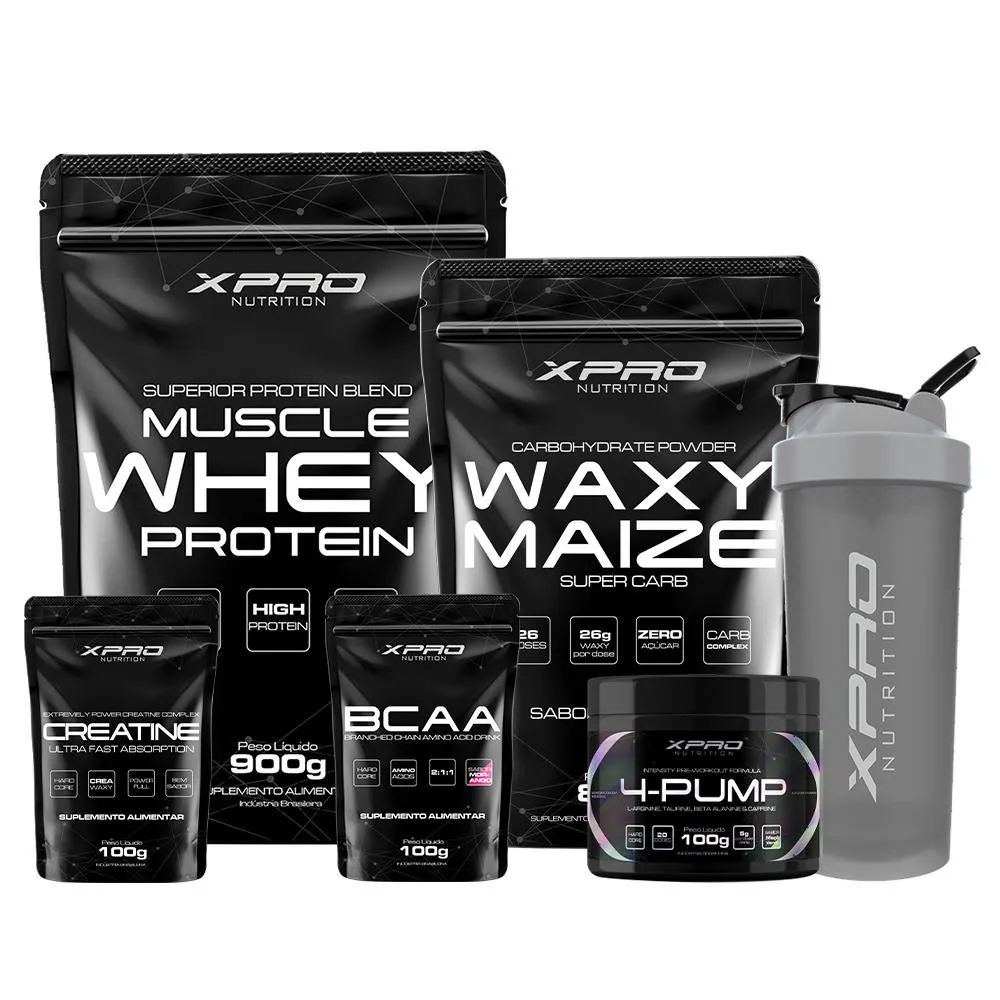 KIT WHEY MUSCLE 900G+WAXY MAIZE 800G+4-PUMP 100G+CREATINA 100G+BCAA 100G+COQUET 700ML-XPRO NUTRITION Baunilha