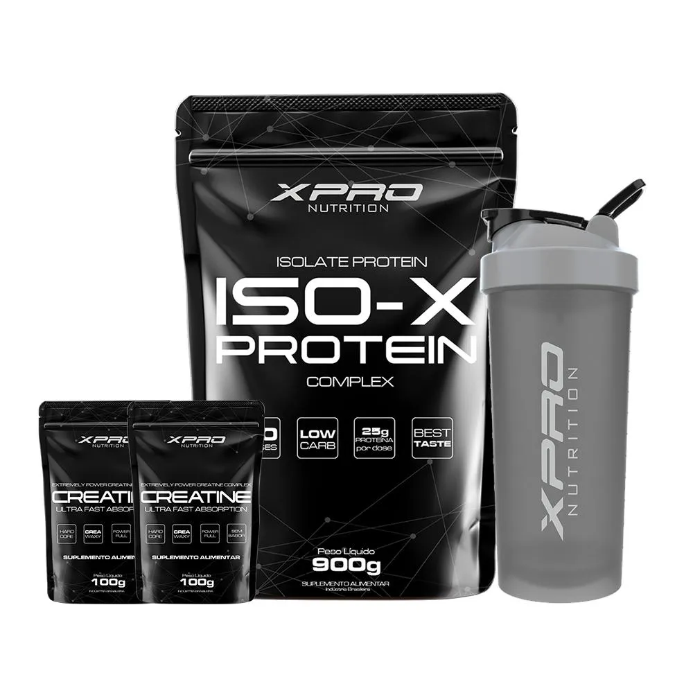 KIT WHEY ISO-X 900G + 2X CREATINA 100G + COQUETELEIRA 700ML - XPRO NUTRITION Chocolate