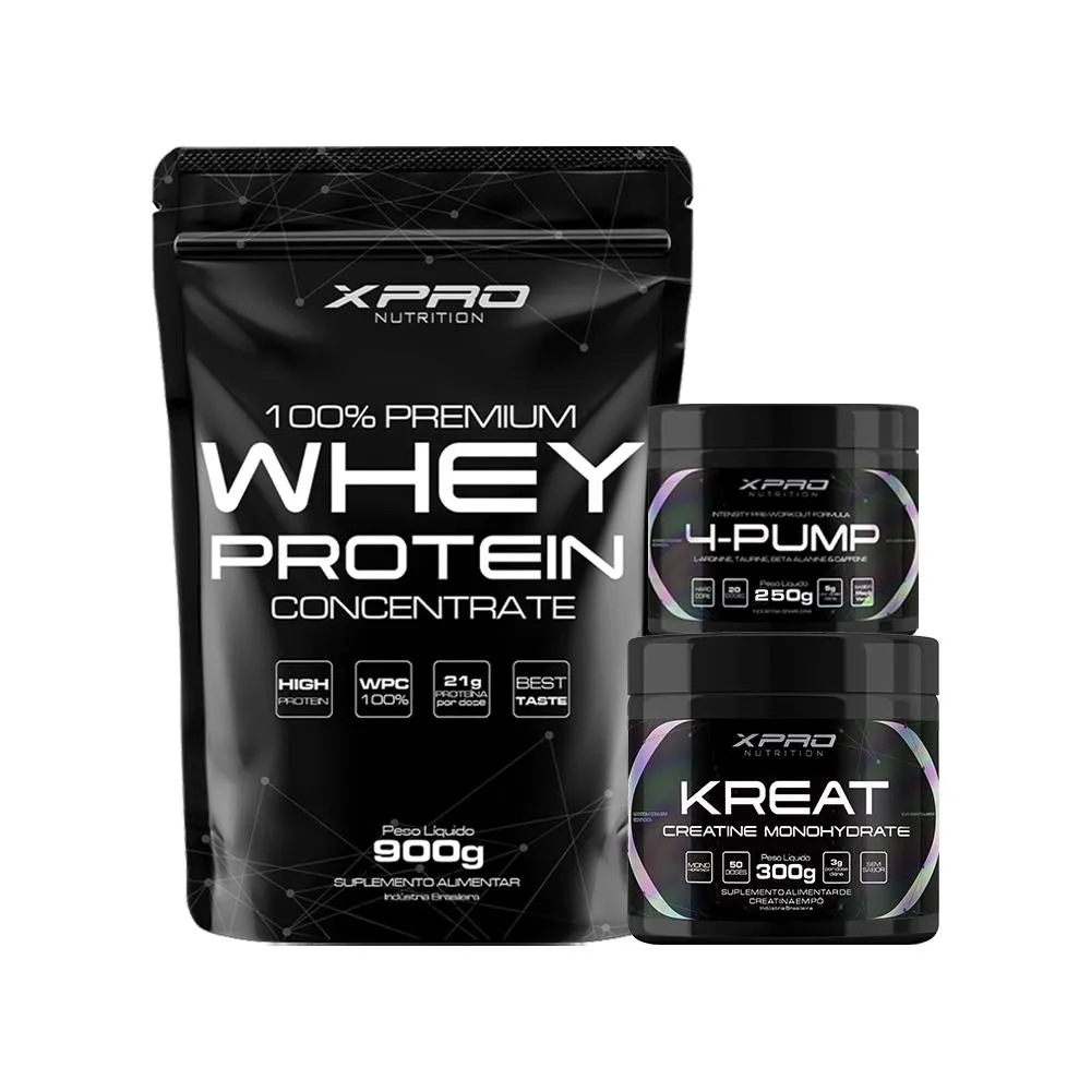 KIT 100% WHEY PROTEIN 900G + CREATINA KREAT 300G + PRé-TREINO 4-PUMP 250G - XPRO NUTRITION Morango