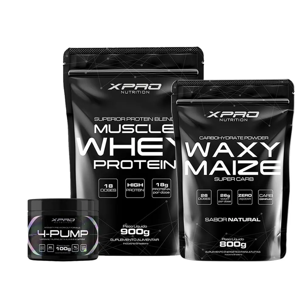 KIT WHEY MUSCLE PROTEIN 900G + PRé-TREINO 4-PUMP 100G + WAZY MAIZE 800G - XPRO NUTRITION Baunilha