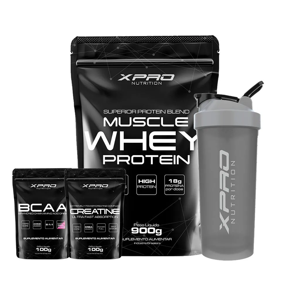KIT WHEY MUSCLE PROTEIN 900G + CREATINA 100G + BCAA 100G + COQUETELEIRA 700ML - XPRO NUTRITION Cookies