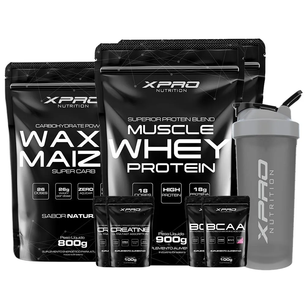KIT 2X WHEY MUSCLE 900G + WAXY MAIZE 800G+ 2X CREATINA 100G + 2X BCAA100G + COQUETELEIRA 700ML-XPRO Cookies  Cream
