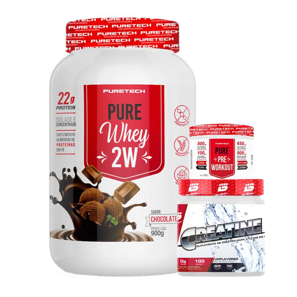 KIT WHEY PROTEIN 2W 900G + PURE PRé-WORKOUT 100G - PURETECH + CREATINA PURA 300G - BIO SPORTS USA Chocolate