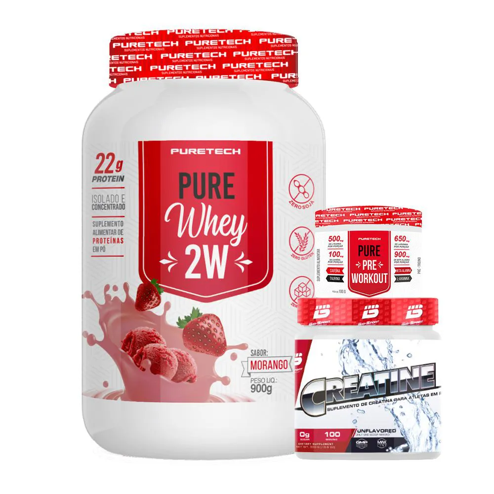 KIT WHEY PROTEIN 2W 900G + PURE PRé-WORKOUT 100G - PURETECH + CREATINA PURA 300G - BIO SPORTS USA Morango