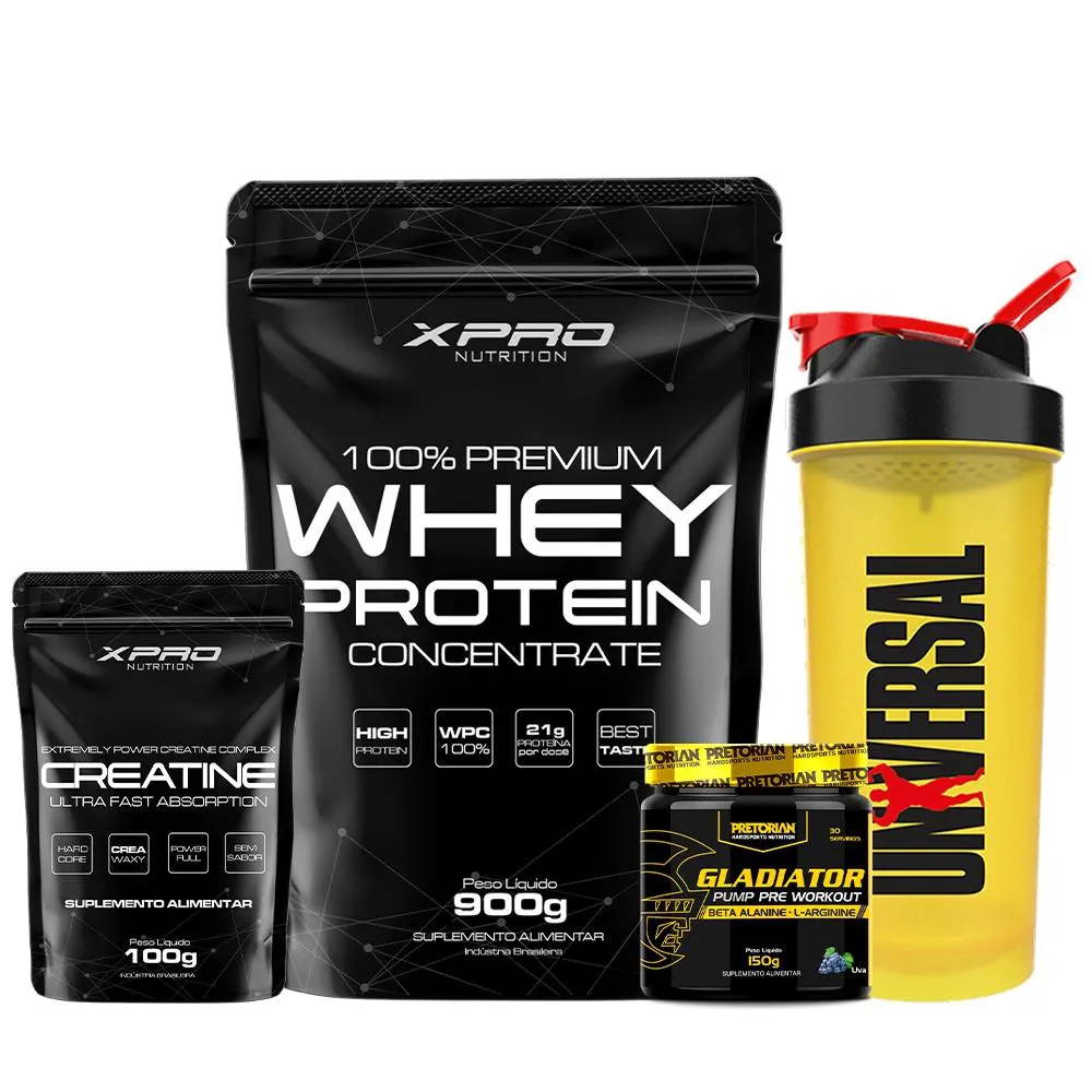 KIT WHEY PROTEIN 100% 900G + CREATINA 100G - XPRO + GLADIATOR 150G - PRETORIAN + COQUET - UNIVERSAL Baunilha