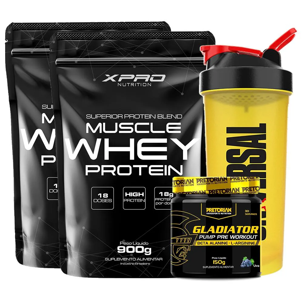 KIT 2X WHEY MUSCLE WHEY 900G - XPRO + PRé-TREINO GLADIATOR 150G -PRETORIAN + COQUETELEIRA -UNIVERSAL Baunilha