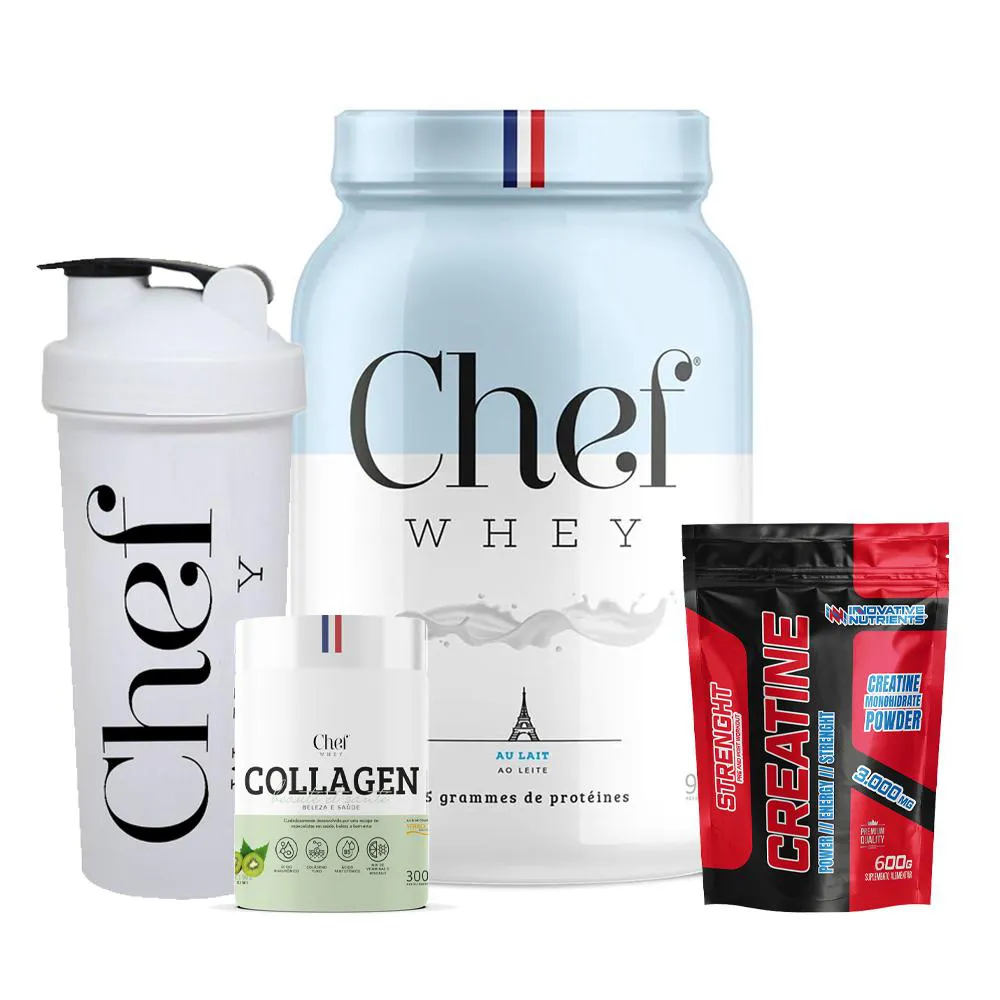 KIT CHEF WHEY 907G + COLLAGEN 300GR + COQUETELEIRA 700ML - CHEF WHEY + CREATINA 600GR - INOVATIVE NUTRIENTS Chocolate Branco