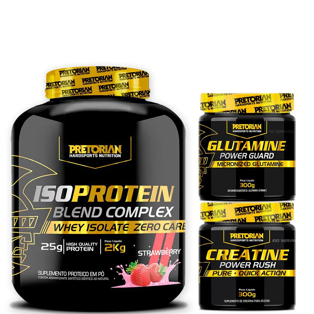 KIT WHEY PROTEIN ISO 2KG + GLUTAMINA 300G + CREATINA 300G - PRETORIAN Morango