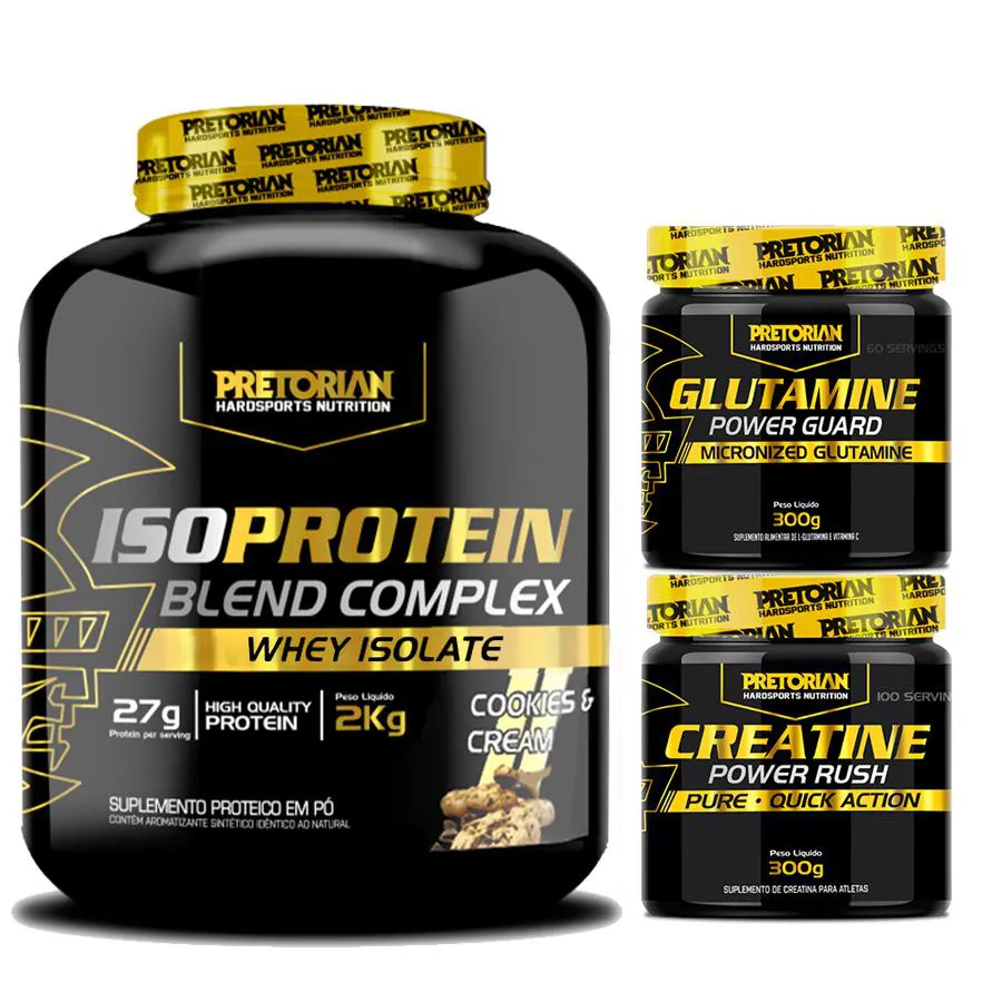 KIT WHEY PROTEIN ISO 2KG + GLUTAMINA 300G + CREATINA 300G - PRETORIAN Cookies  Cream