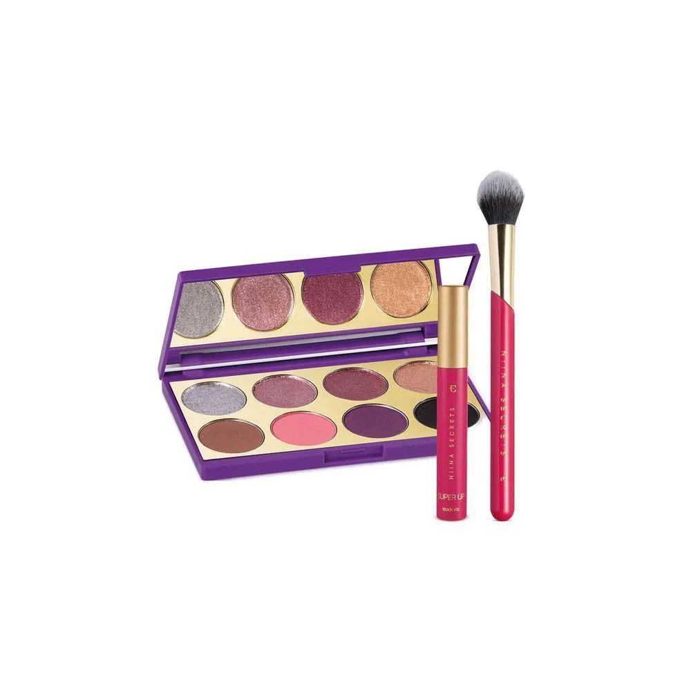 KIT NIINA SECRETS PALETTE DE SOMBRAS PURPLE + PINCEL MULTIFUNCIONAL + MáSCARA PARA CíLIOS SUPER UP
