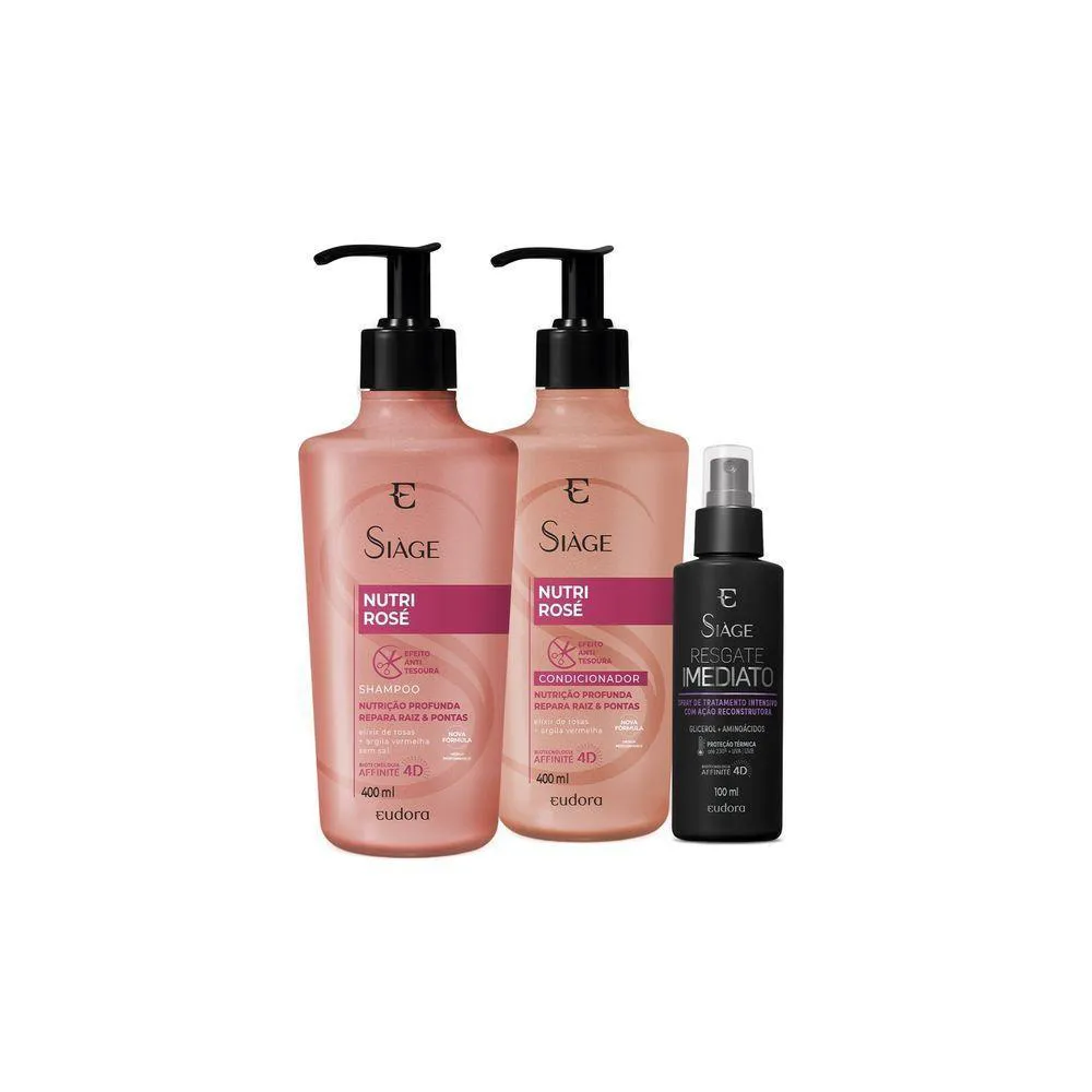 COMBO SIáGE: SHAMPOO NUTRI ROSé 400ML + CONDICIONADOR NUTRI ROSé 400ML + LEAVE-IN RESGATE IMEDIATO 100ML