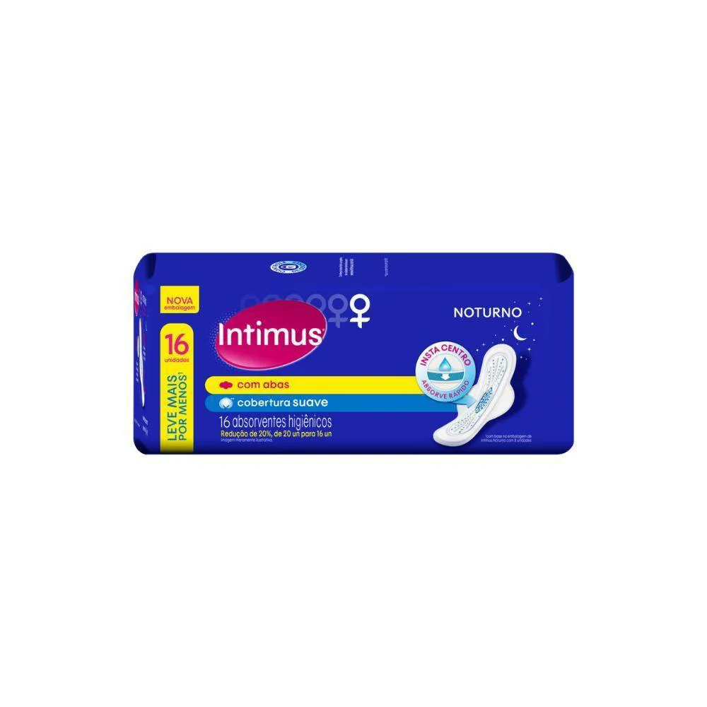 ABSORVENTE INTIMUS NOTURNO COBERTURA SUAVE COM ABAS COM 16 UNIDADES