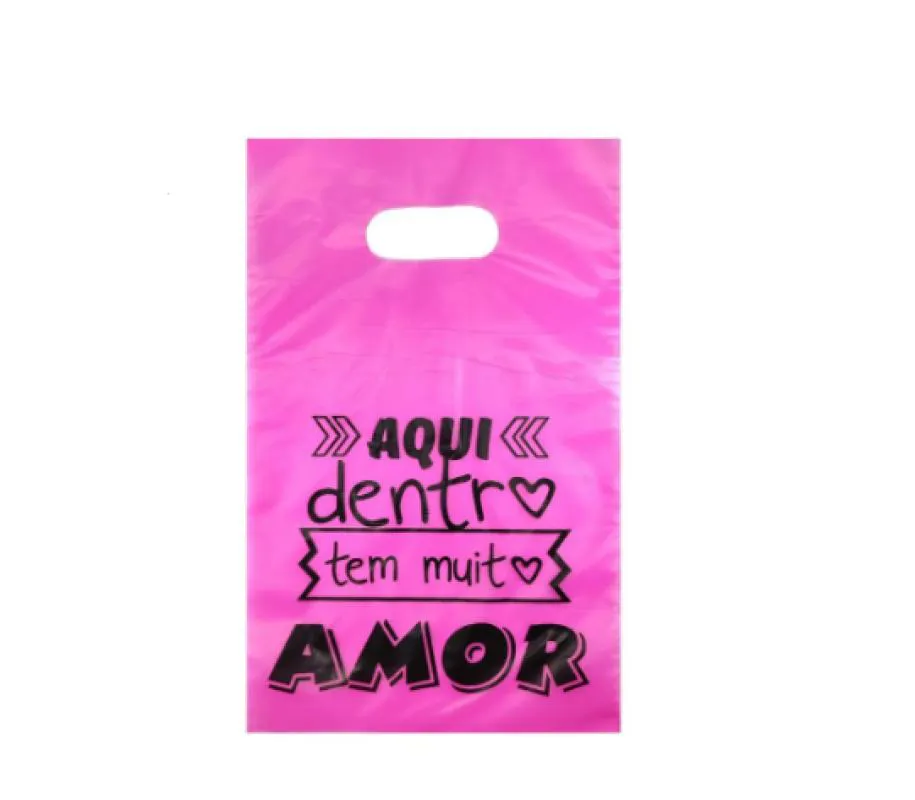 SACOLA PLáSTICA AQUI DENTRO TEM MUITO AMOR - PINK - 20X30 PCT COM 10 PEçAS