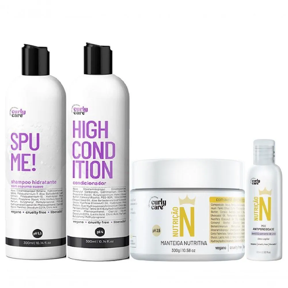 KIT CURLY CARE SPUME 2X300ML + MANTEIGA NUTRITIVA E óLEO ANTIPOROSIDADE