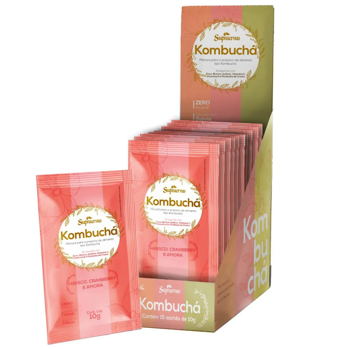 KOMBUCHá - DISPLAY - 15 SACHêS DE 10G - SABOR CRANBERRY, HIBISCO E AMORA - SUPRA ERVAS