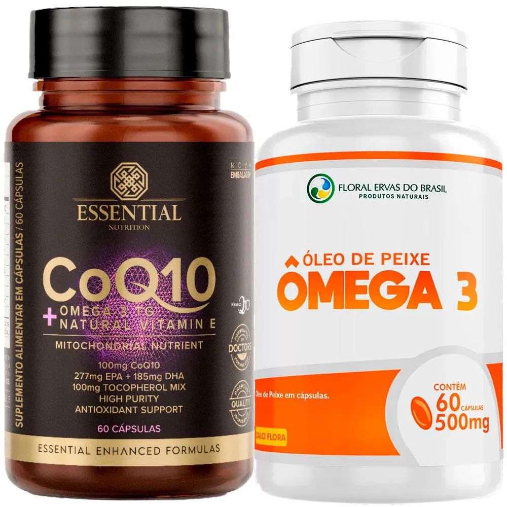 KIT COENZIMA Q10 ESSENTIAL NUTRITION - 60 CAPS + OMEGA 3 - 60 CAPS - FLORAL ERVAS