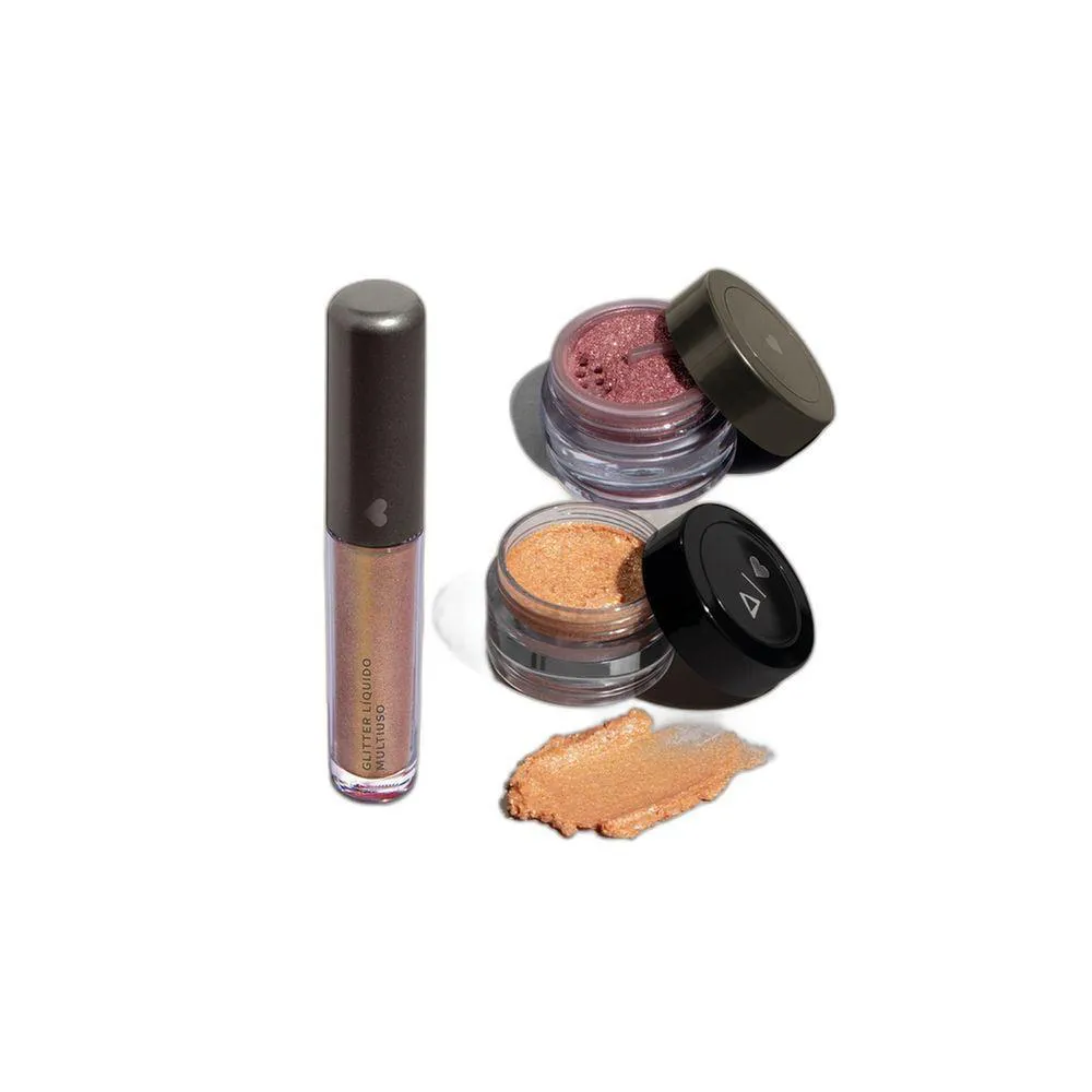 COMBO GLITTER LíQUIDO DOURATIX 4ML + GLITTER EM GEL ROSE GOLD 5G + GLITTER SOLTO ROSELITTER 1G