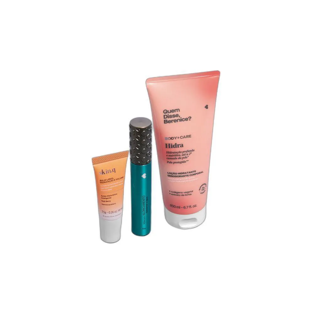 COMBO MAKE E CUIDADO: BALM LABIAL SKIN.Q + MáSCARA DE CíLIOS ALONGAMENTO + LOçãO CORPORAL HIDRA