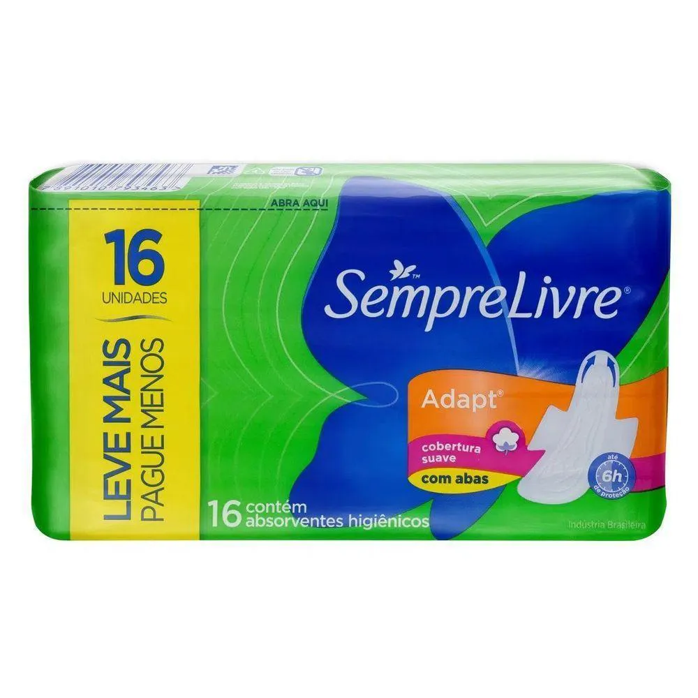 ABSORVENTE SEMPRE LIVRE ADAPT COBERTURA SUAVE SEM ABAS COM 8 UNIDADES 16 UNIDADES