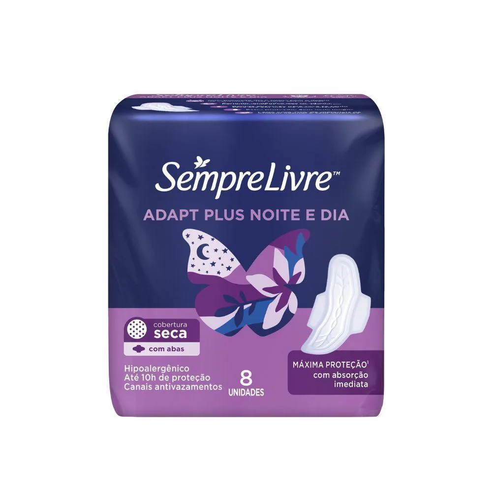 ABSORVENTE SEMPRE LIVRE ADAPT PLUS NOITE E DIA COBERTURA SECA COM ABAS COM 8 UNIDADES