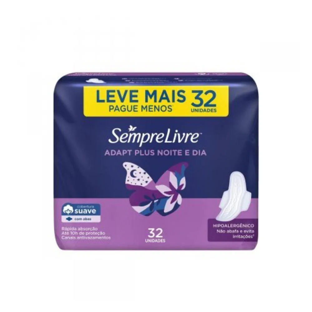 ABSORVENTE SEMPRE LIVRE ADAPT PLUS NOITE E DIA COBERTURA SUAVE COM ABAS 32 UNIDADES