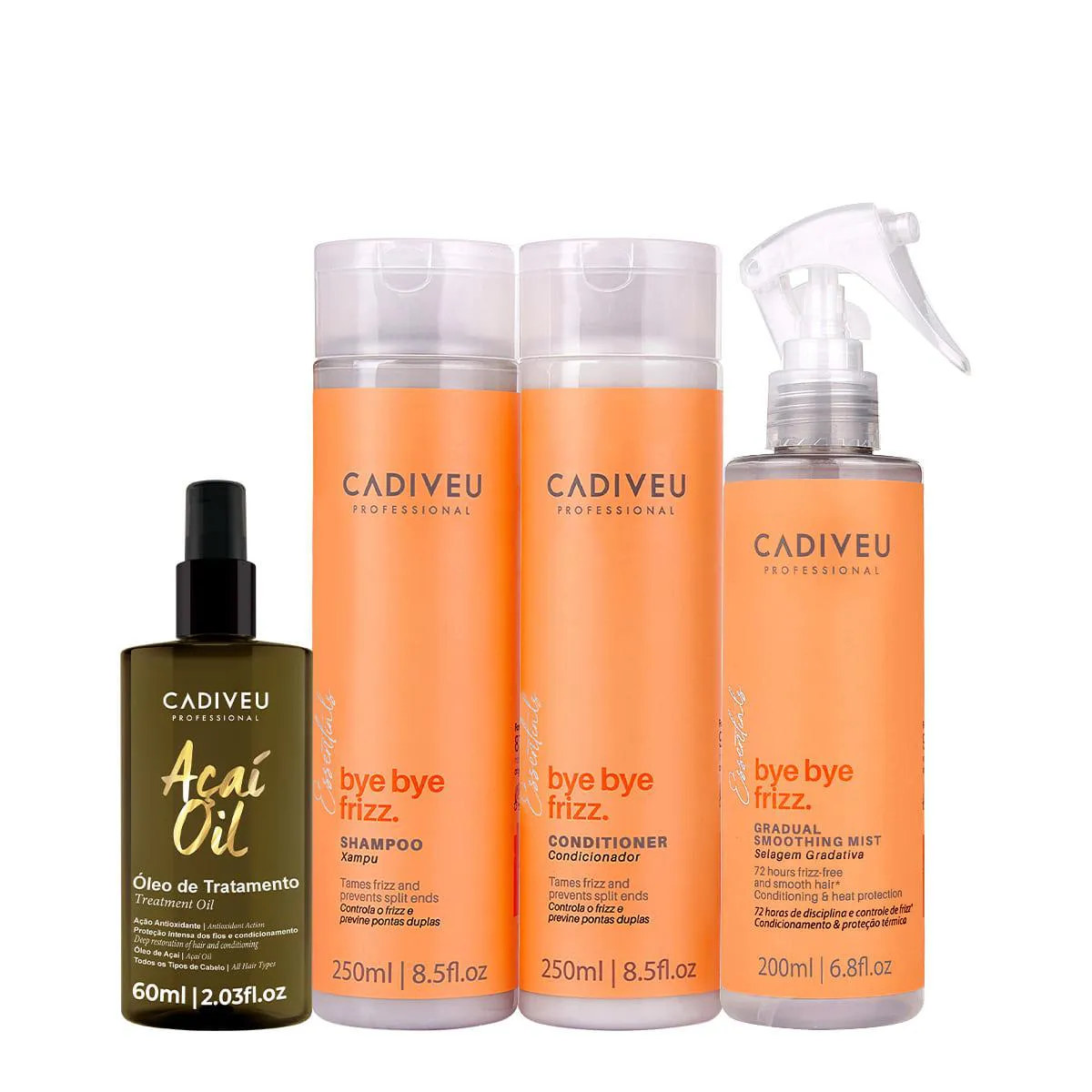 KIT CADIVEU PROFESSIONAL BYE BYE FRIZZ SHAMPOO CONDICIONADOR SELAGEM GRADATIVA E AçAí OIL 60 (4 PRODUTOS)