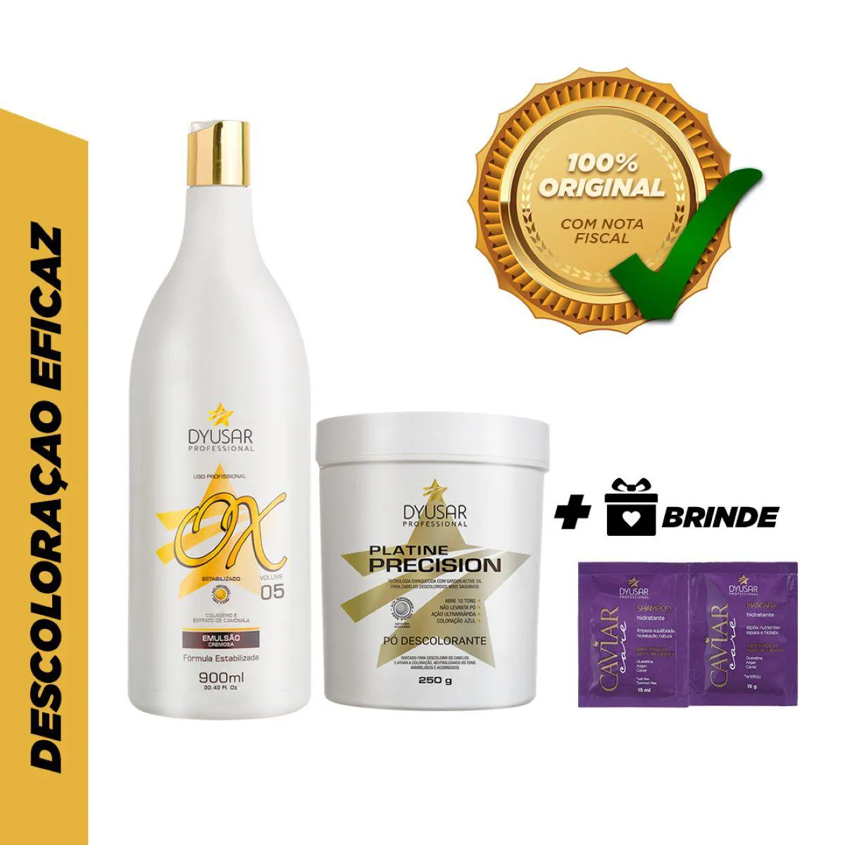 KIT Pó DESCOLORANTE DE 250G + OX DE 5 VOLUMES + SACHE BRINDE