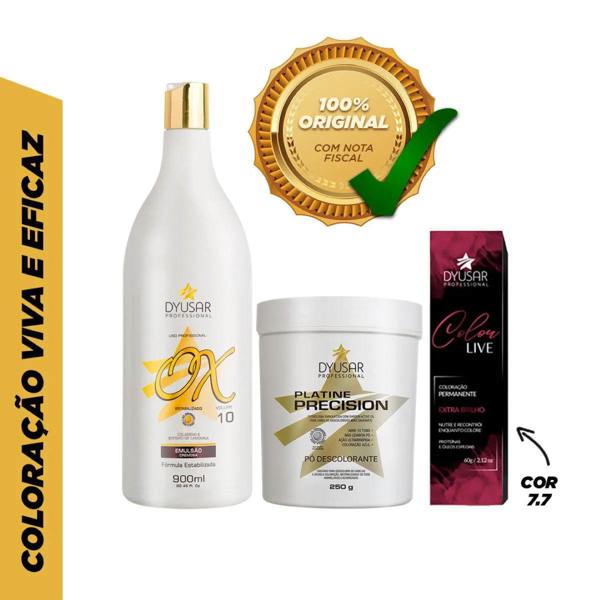 KIT Pó DESCOLORANTE DE 250 G + OX DE 10 VOL + COLORAçãO 7.7