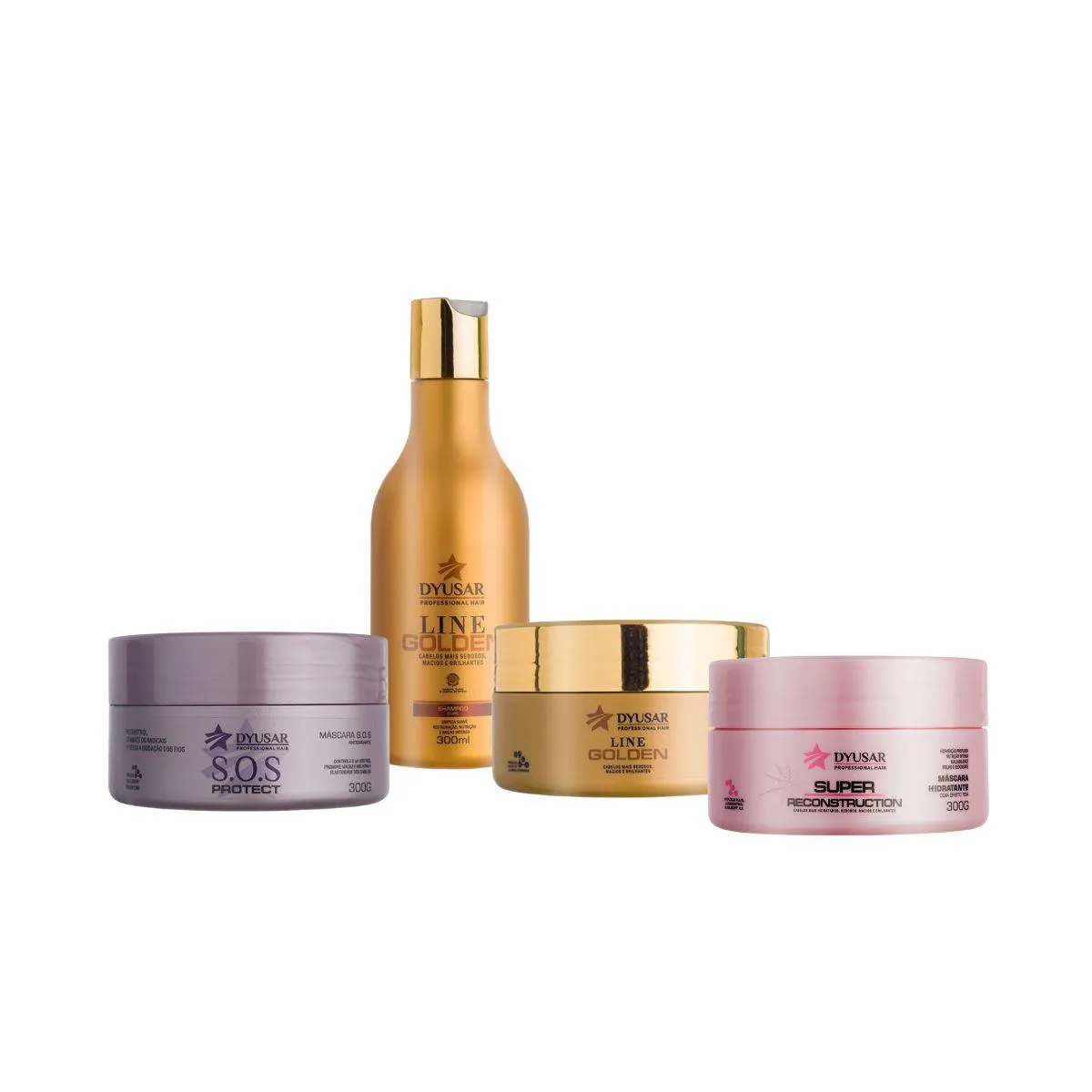 MáSCARAS DE HIDRATAçãO RECONSTRUçãO SOS E SHAMPOO OURO 300G