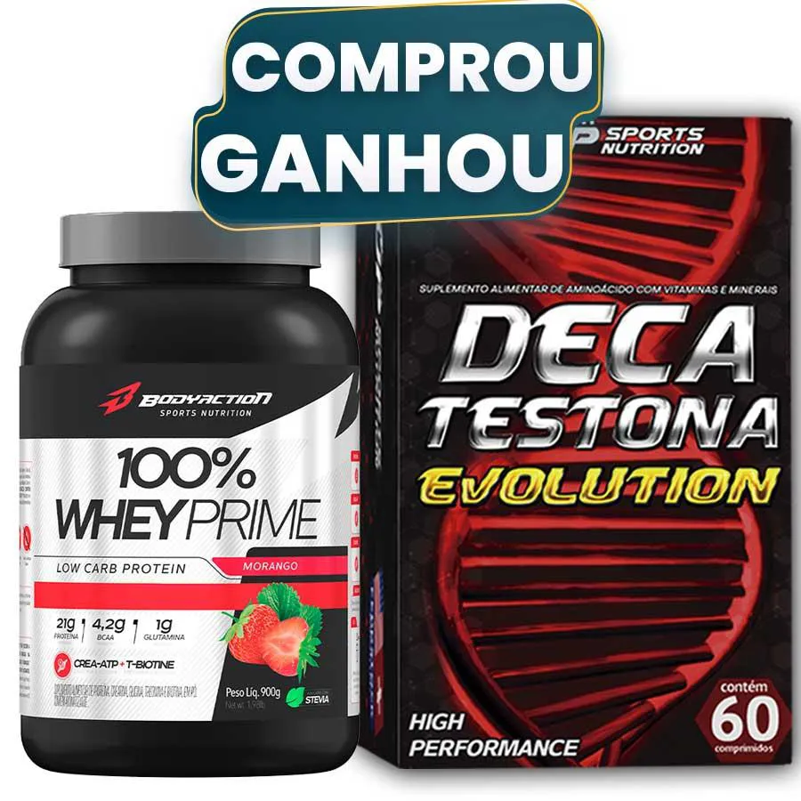 100% WHEY CONCENTRADO 900G BODY + DECA TESTONA EVOLUTION Morango