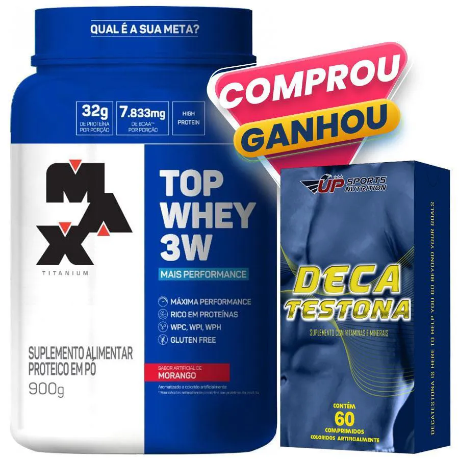 100% WHEY PROTEIN 900G SABORES MAX TITANIUM + DECA TESTONA Morango