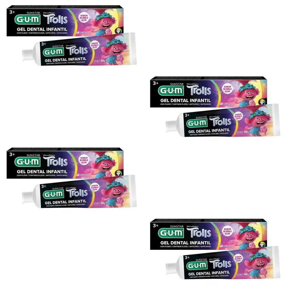 4 GEL DENTAL INFANTIL TROLLS 50G - COM FLUOR - GUM