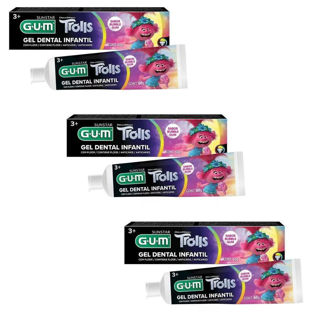 3 GEL DENTAL INFANTIL TROLLS 50G - COM FLUOR - GUM