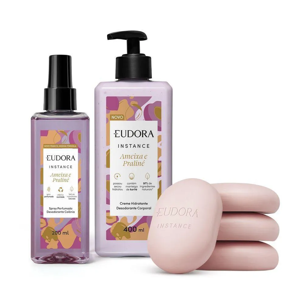 Kit Eudora Instance Ameixa e Praliné Feminino Desodorante Corporal Spray 200ml + Desodorante e Hidratante Corporal Creme 400ml + Sabonete em Barra 80g 4 unidades
