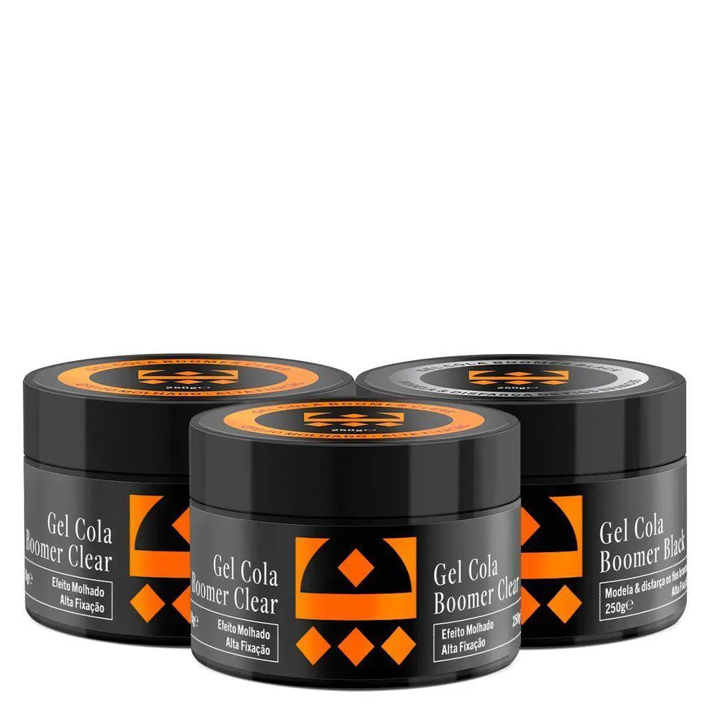 KIT 02 GEL COLA BOOMER CLEAR + 01 GEL BOOMER BLACK EMBAIXADOR 250G