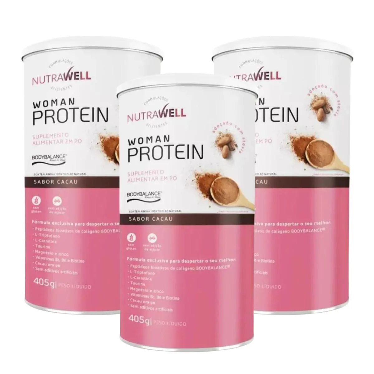 3X PROTEíNA DE COLáGENO WOMAN PROTEIN NUTRAWELL SABOR CACAU 405G