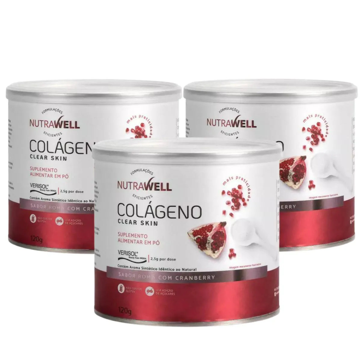 3X COLAGENO VERISOL CLEAR SKIN NUTRAWELL ROMã CRANBERRY 120G Romã COM Cranberry
