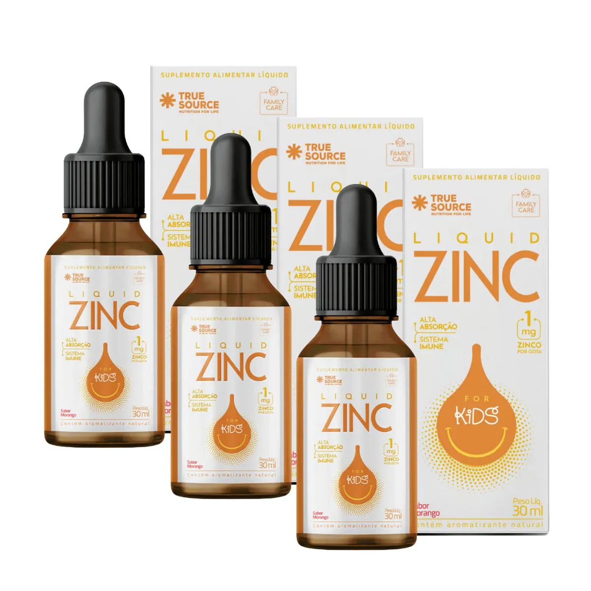 3X LIQUID ZINCO 5MG KIDS SABOR MORANGO TRUE SOURCE 30ML