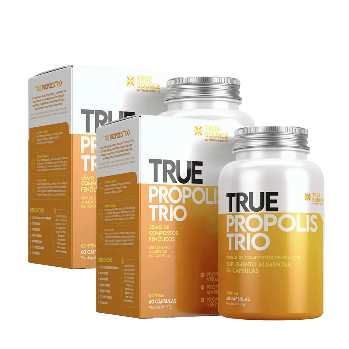 2X TRUE PRóPOLIS TRIO VERMELHO MARROM VERDE TRUE SOURCE 60 CáPSULAS SEM Sabor