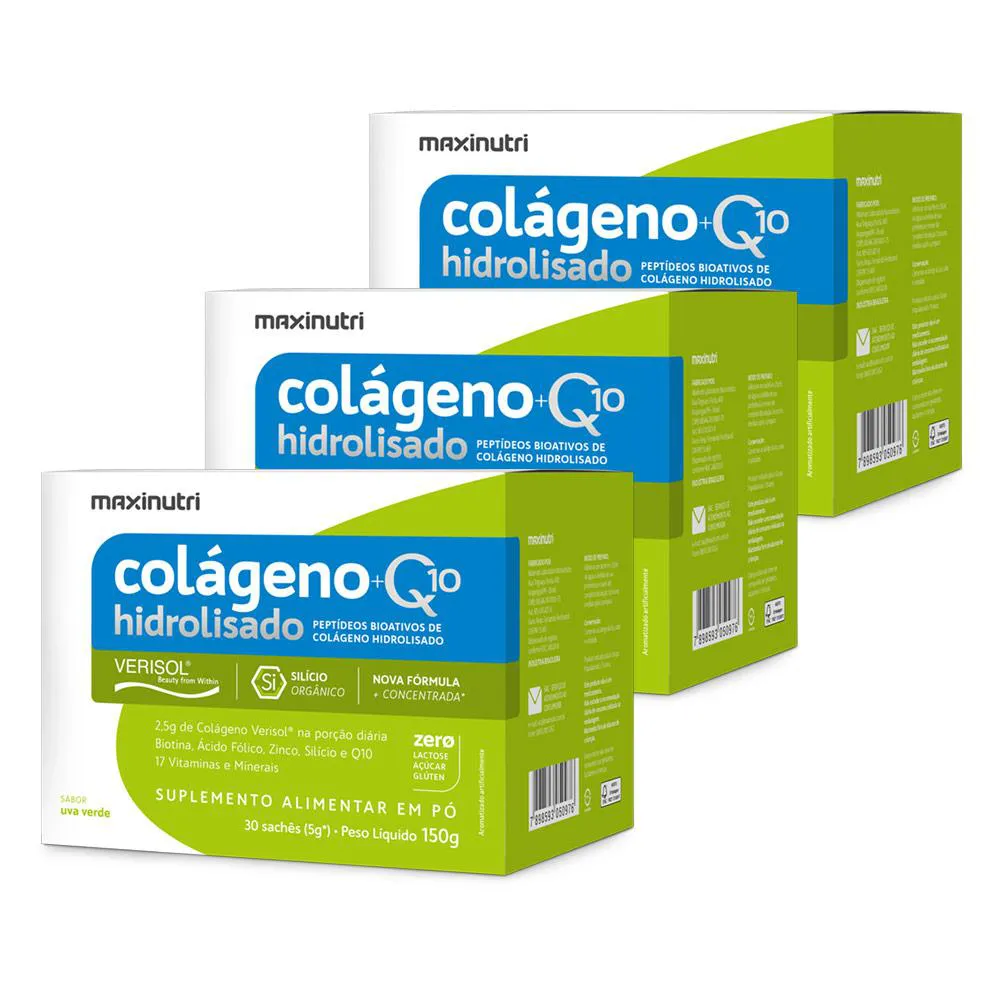 KIT 3 COLáGENO VERISOL SACHêS UVA VERDE 30X5G + Q10 MAXINUTRI
