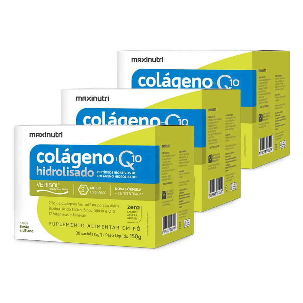 KIT 3 COLáGENO VERISOL SACHêS LIMãO SICILIANO 30X5G + Q10 MAXINUTRI