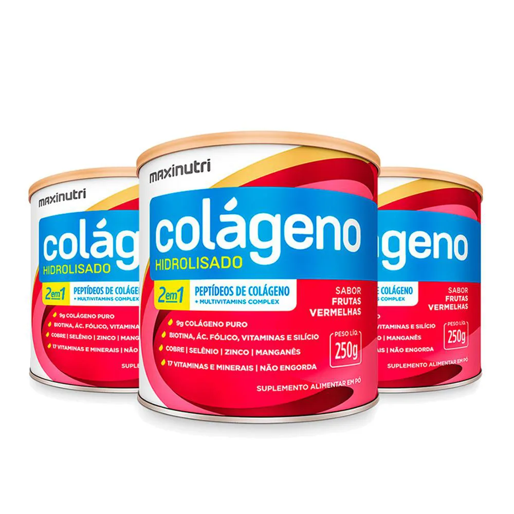 KIT 3 COLáGENO HIDROLISADO FRUTAS VERMELHAS LATA 250G MAXINUTRI