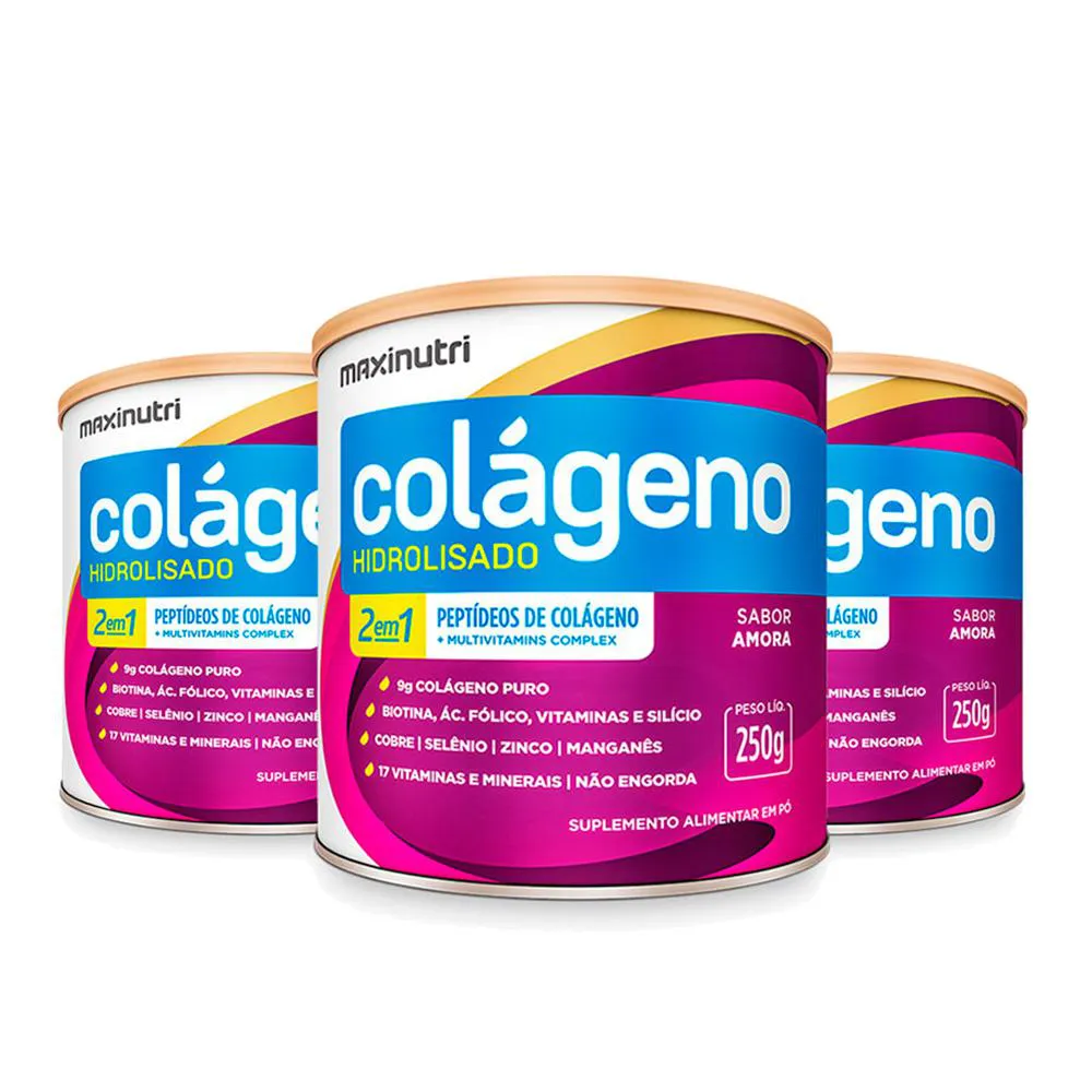 KIT 3 COLáGENO HIDROLISADO SABOR AMORA LATA 250G MAXINUTRI