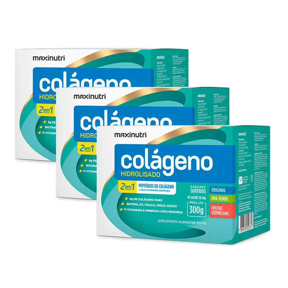 KIT 3 COLáGENO HIDROLISADO 30 SACHES SABORES SORTIDOS MAXINUTRI
