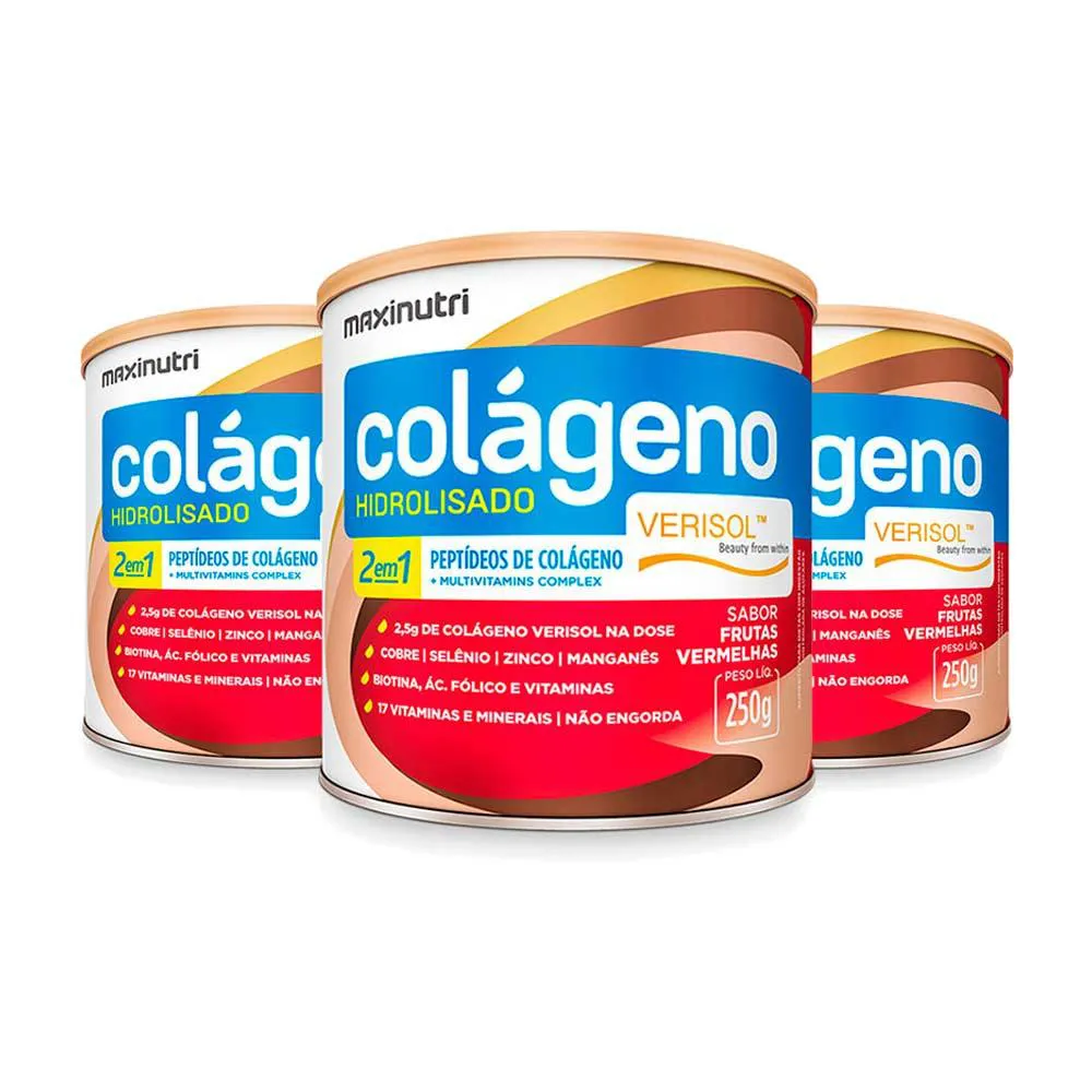KIT 3 COLáGENO VERISOL FRUTAS VERMELHAS LATA 250G MAXINUTRI