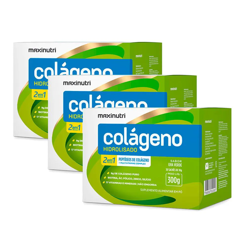 KIT 3 COLáGENO HIDROLISADO 30 SACHES UVA VERDE MAXINUTRI