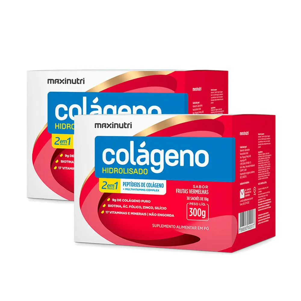 KIT 2 COLáGENO HIDROLISADO SACHES FRUTAS VERMELHAS MAXINUTRI