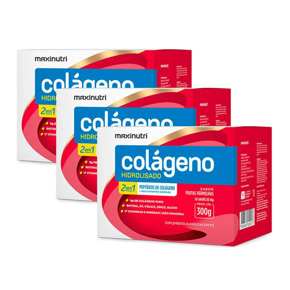KIT 3 COLáGENO HIDROLISADO SACHES FRUTAS VERMELHAS MAXINUTRI
