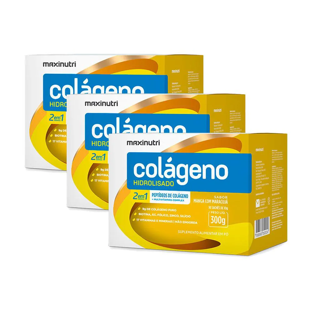 KIT 3 COLáGENO HIDROLISADO SACHES MANGA COM MARACUJá MAXINUTRI