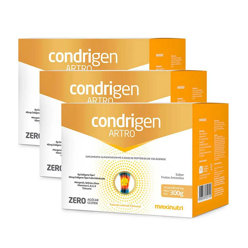 KIT 3 CONDRIGEN ARTRO COLáGENO TIPO 1 E 2 FRUTAS AMARELAS 30 SACHêS MAXINUTRI